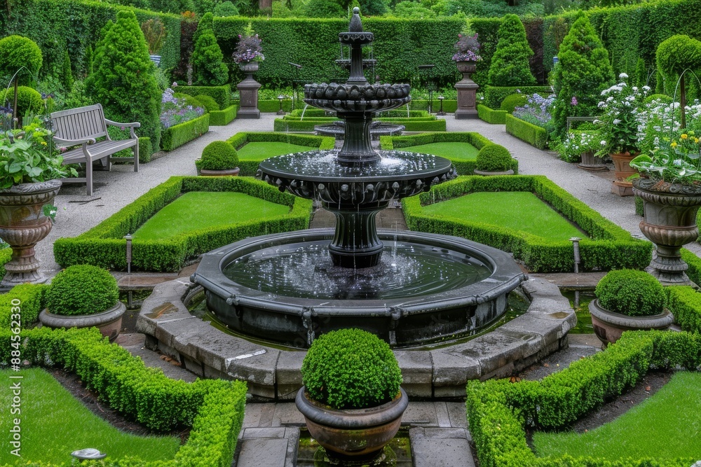 Elegant formal garden with central fountain symmetrical hedges and stone pathways under overcast sky Elegant formal garden with central fountain symmetrical hedges and stone pathways under overcast sky