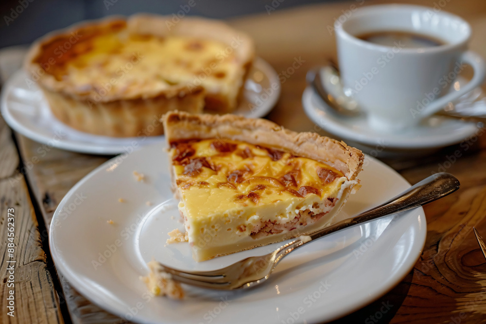 Slice of Quiche Lorraine on a White Plate. Slice of Quiche Lorraine on a White Plate.