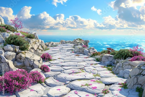 Coastal garden with stone pathway colorful flowers and ocean view under clear blue sky