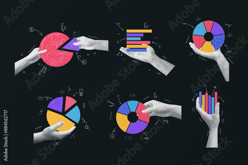 Data infographic. Hand with info diagram. Art chart. Business analysis. Halftone shapes and arrows. Contemporary poster design. Financial infochart. Abstract elements set. Vector garish background