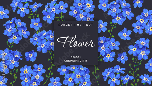 Horizontal banner, vector botanical design with blue forget-me-not flowers and space for your text. Dark background and bright detailed botanical elements for your design