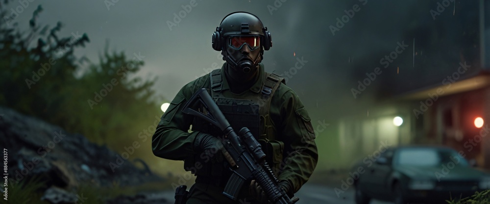 Obraz premium A cyborg soldier fighting in a warzone movie story seen trail cam footage, rear view, wide angle shot, a striking contrast against the soft, blurred background