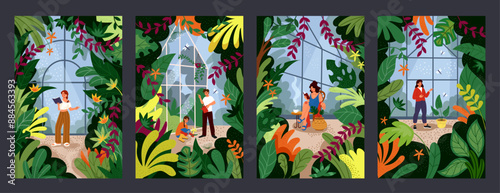 Garden plants. People in greenhouse. Conservatory green nature. Farm plantation. Cultivated flowers. Glasshouse agriculture. Tree leaves. Gardeners relax in orangery. Vector tidy home gardening set