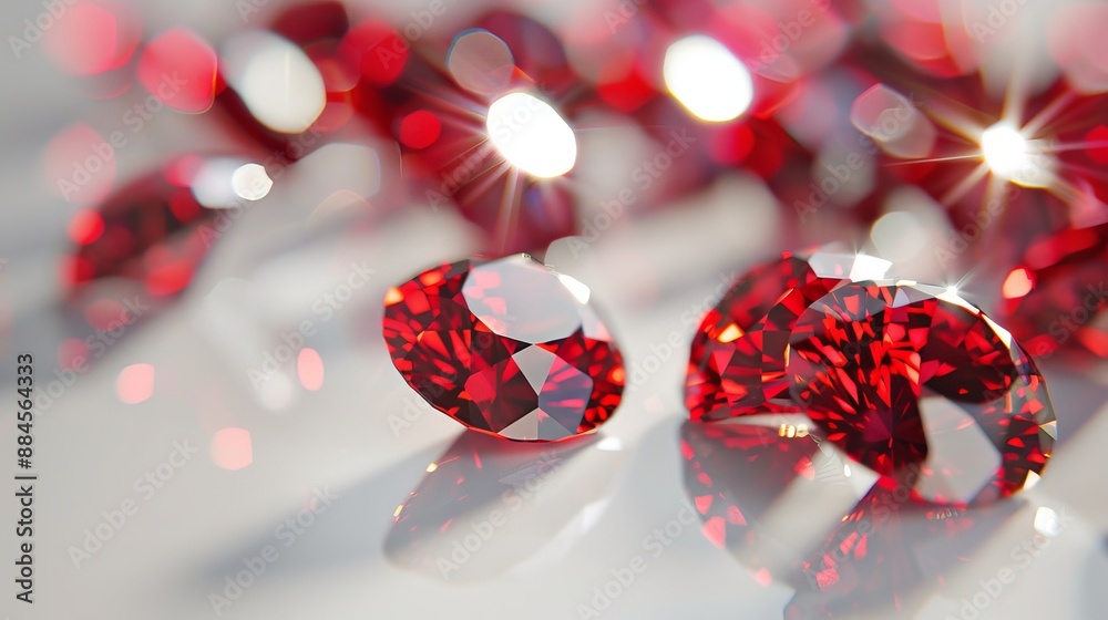 Bright red gems shine against a white background.