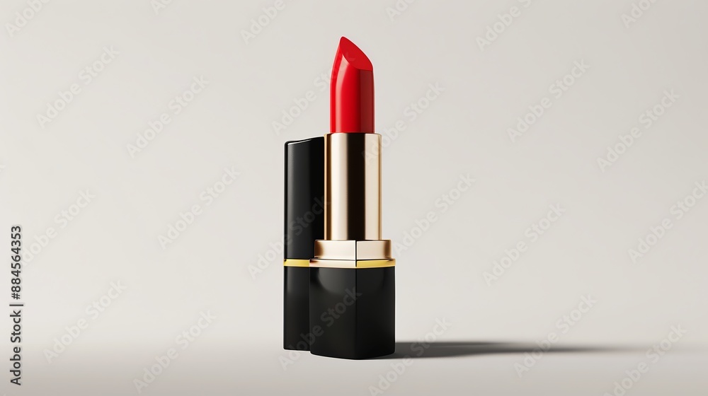 Bright red lipstick in a black and gold tube with the cap open. It's floating in the air against a white background, showcasing its glamorous design. Bright red lipstick in a black and gold tube with the cap open. It's floating in the air against a white background, showcasing its glamorous design.
