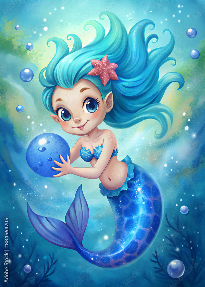 Little cute mermaid with long hair plays with a pearl underwater. Fairytale character. Postcard, cover, drawing in a book. Little cute mermaid with long hair plays with a pearl underwater. Fairytale character. Postcard, cover, drawing in a book.