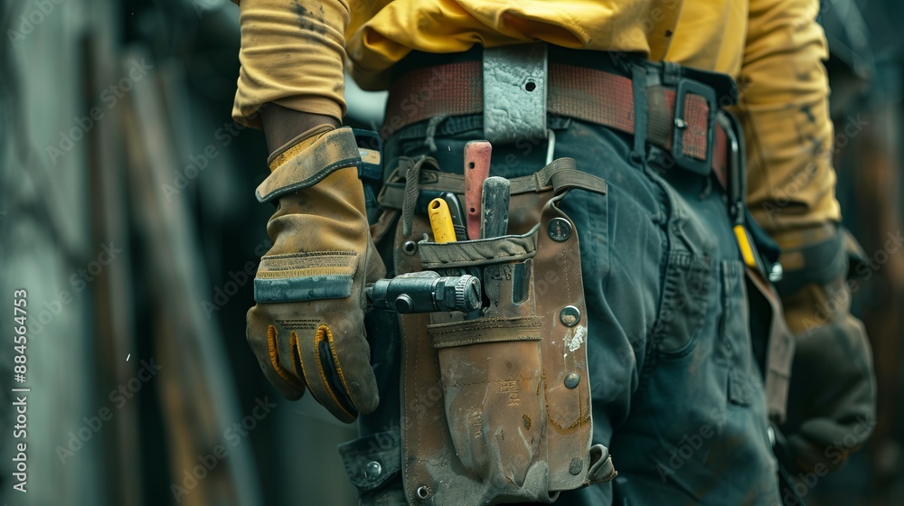 Close-up view of a construction worker's utility belt with various tools and gloves, representing hard work, precision, and the dedication of manual labor professions. Close-up view of a construction worker's utility belt with various tools and gloves, representing hard work, precision, and the dedication of manual labor professions.