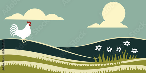 Scenic countryside illustration with a white rooster, rolling hills, flowers, and a bright sun, perfect for farm-themed designs, rural lifestyle, and country living promotions