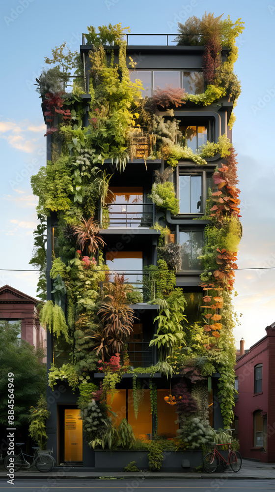 A vertical garden on the exterior of a city building, illustrating the innovative use of vertical space for urban gardening and sustainable living. A vertical garden on the exterior of a city building, illustrating the innovative use of vertical space for urban gardening and sustainable living.