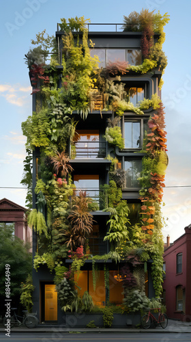 A vertical garden on the exterior of a city building, illustrating the innovative use of vertical space for urban gardening and sustainable living. © tynza