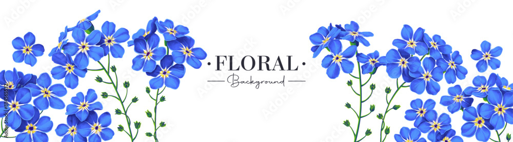 Spring banner with forget-me-not flowers. Blue plants on white background, place for text. Banner for social networks, outdoor advertising. Very realistic flowers, the vector is completely hand-drawn Spring banner with forget-me-not flowers. Blue plants on white background, place for text. Banner for social networks, outdoor advertising. Very realistic flowers, the vector is completely hand-drawn
