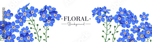 Spring banner with forget-me-not flowers. Blue plants on white background, place for text. Banner for social networks, outdoor advertising. Very realistic flowers, the vector is completely hand-drawn 