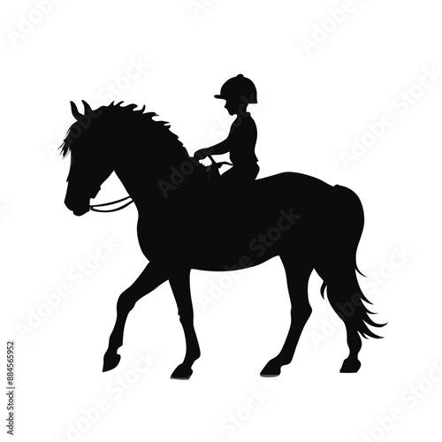 child riding a horse, vector silhouette illustration, white background, 