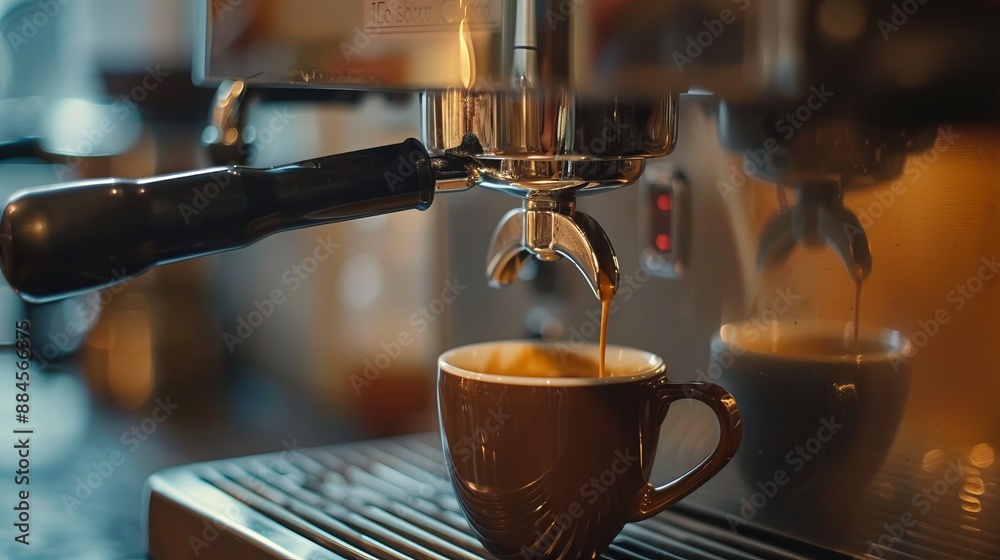 A close-up of an espresso machine pouring a rich espresso shot into a dark brown cup, with the elegant metallic textures of the machine reflecting the warm café ambiance. A close-up of an espresso machine pouring a rich espresso shot into a dark brown cup, with the elegant metallic textures of the machine reflecting the warm café ambiance.