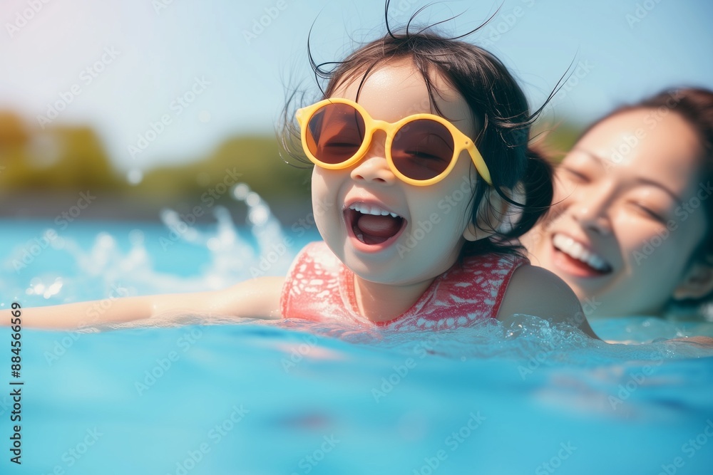 Naklejka premium Happy toddler girl having fun in the swimming pool in summer