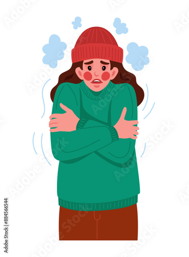 Cold weather. Freezing woman. Girl shivering and suffering from frost. Winter season. Warm outerwear. Low temperature. Unhappy trembling person. Frosty breath steam. Wintertime clothes. Vector concept