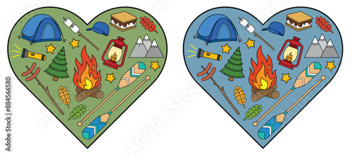Cartoon Camping Heart Illustration Clipart with Canoe Paddles, Smores, Tent, Campfire and other objects