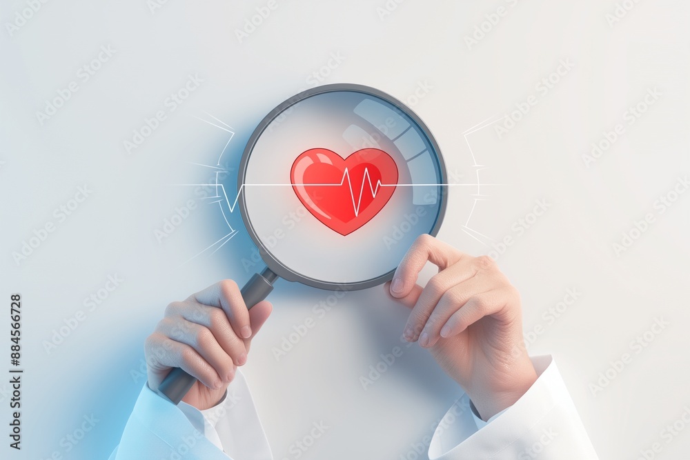 Doctor hand holding magnifying glass focus heart Doctor hand holding magnifying glass focus heart