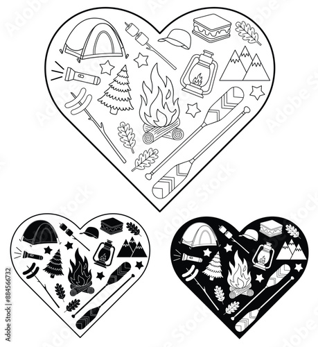 Cartoon Camping Heart Outline and Silhouette Illustration Clipart with Canoe Paddles, Smores, Tent, Campfire and other objects