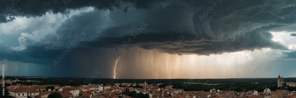 Fototapeta premium detailed panoramic view of a thunderstorm on the medie background