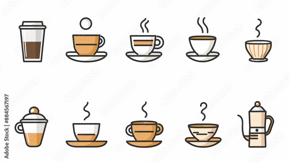 This minimalist illustration set features a range of coffee cups and mugs in modern styles, showcasing contemporary coffee culture and design in a simplistic, aesthetic manner. This minimalist illustration set features a range of coffee cups and mugs in modern styles, showcasing contemporary coffee culture and design in a simplistic, aesthetic manner.