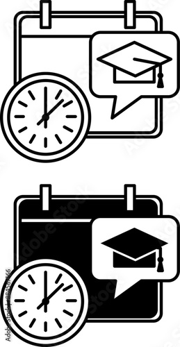 Timetable icons. Black and White Vector Icons. Calendar, Graduation Hat, and Clock. Schedule of Lessons at School or College. Education Concept