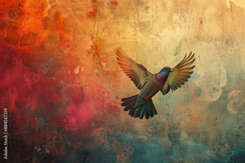 Artistic painting of a pigeon in flight with a colorful background. photo