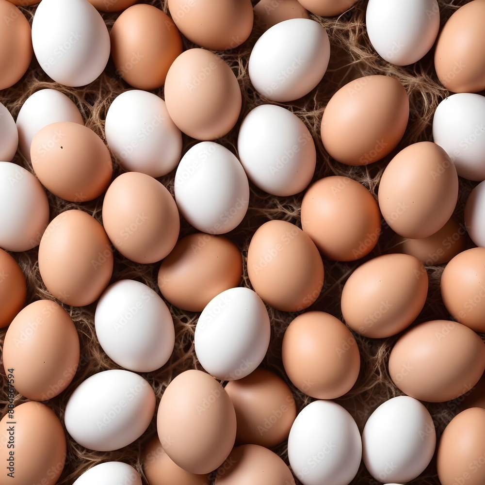 Fresh brown and white hens eggs background
