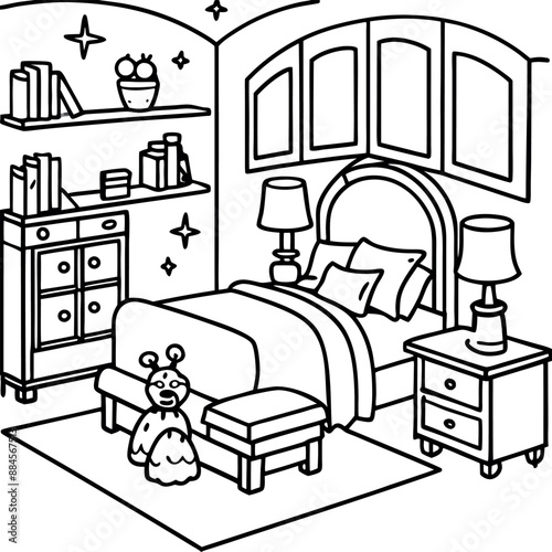Cute Bedroom Coloring Page Illustration vector