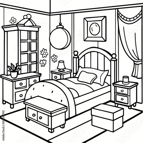 Cute Bedroom Coloring Page Illustration vector