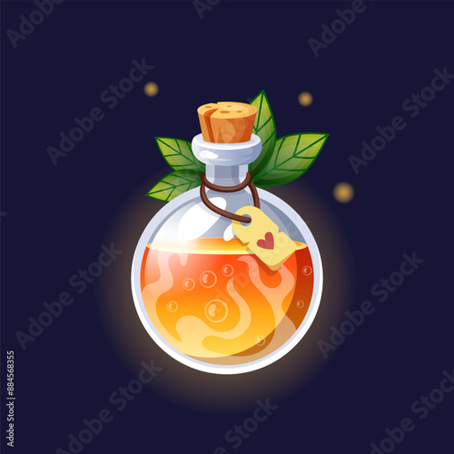 Orange elixir. Magic potion in glass bottle, green leaves. Mystery poisonous liquid in phial. Wizard and witch drink. Game ui icon. Fantasy beverage. Vector isolated on black background illustration