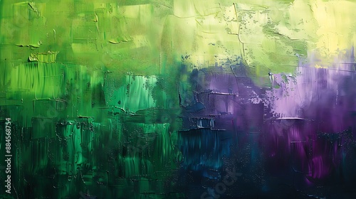 Abstract composition of bold paint strokes in shades of green and purple, creating a dynamic and energetic pattern on a textured canvas. Perfect for contemporary art themes.