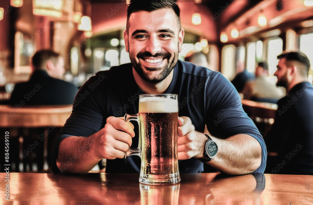 A young man with a beard is sitting at a pub table with a glass of beer. He smiles affably and looks at the camera. A young man with a beard is sitting at a pub table with a glass of beer. He smiles affably and looks at the camera.