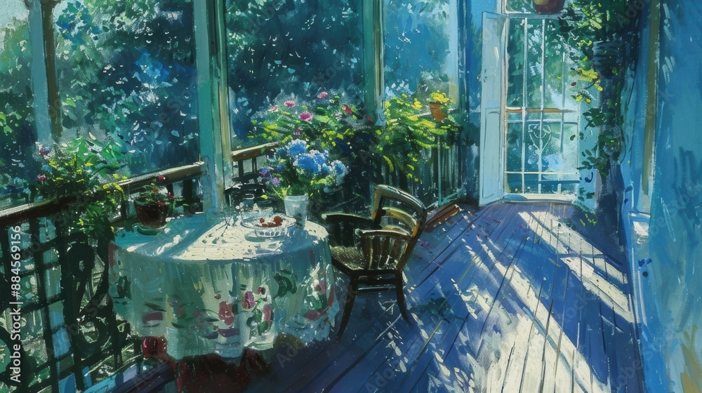 Obraz premium A painting of a table and chairs on a porch