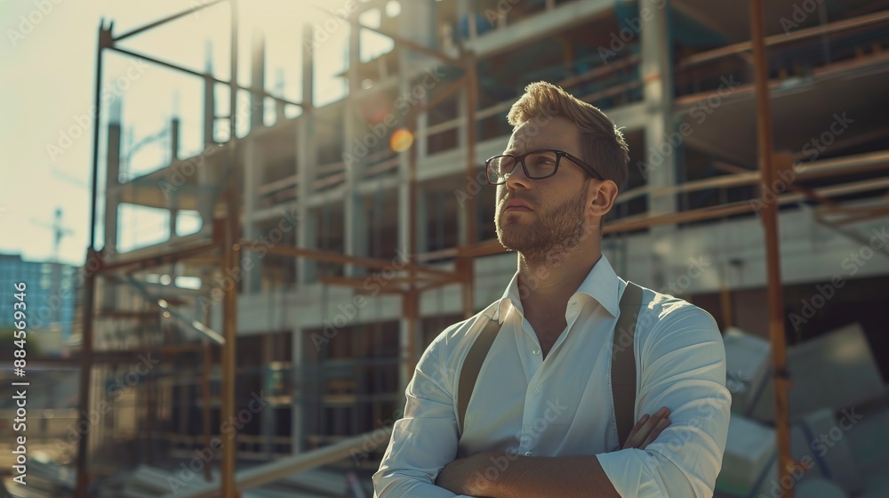 An architect wearing a white shirt and suspenders stands confidently at a construction site with a partially built structure in the background under bright sunlight. An architect wearing a white shirt and suspenders stands confidently at a construction site with a partially built structure in the background under bright sunlight.