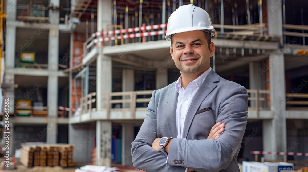 A confident engineer wearing a suite with hard hat, standing in front of a construction site with modern framework and safety elements visible in the background. A confident engineer wearing a suite with hard hat, standing in front of a construction site with modern framework and safety elements visible in the background.
