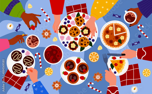 Family dinner. Hands at dining table. People talking and eating holiday food together. Meal lunch. Friends party meeting. Holiday drinks. Festive pastries top view. Vector cartoon tidy illustration