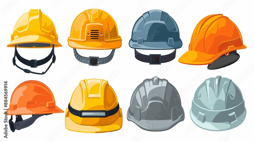 A set of eight construction helmets in various colors. The helmets are equipped with different features and styles, designed for the protection of construction site workers. A set of eight construction helmets in various colors. The helmets are equipped with different features and styles, designed for the protection of construction site workers.