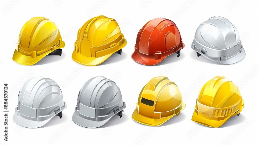 Various construction helmets in shades of yellow, orange, and grey, displayed in two rows on a white background. Perfect for construction and safety themes. Various construction helmets in shades of yellow, orange, and grey, displayed in two rows on a white background. Perfect for construction and safety themes.