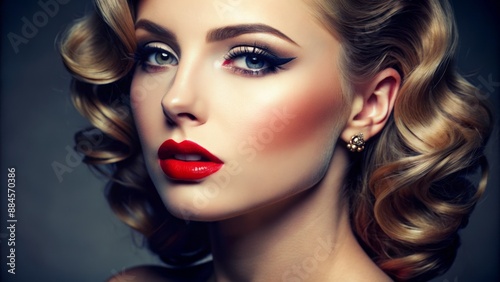 Classic Hollywood makeup with red lips and winged eyeliner photo