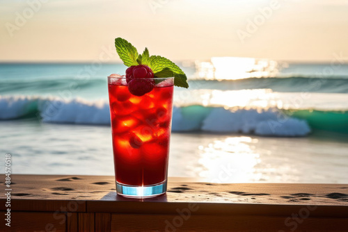 beautiful raspberry cocktail with a leaf of fresh mint, ice cubes on the seashore, against the background of blurred huge and high waves, morning, sun rays