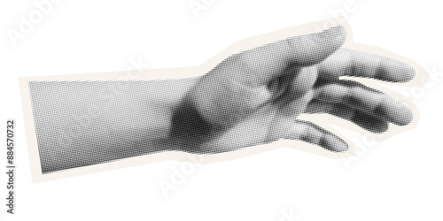 Trendy halftone collage hand element. Elements cut out palm pointing to the side. Retro punk design for poster social media banner, flyer