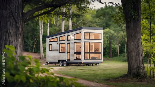 modern wooden house like bus in the forest