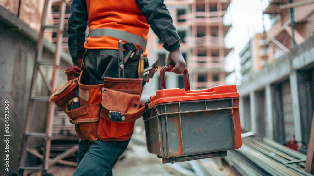 A construction worker equipped with a tool belt walks through a construction site while holding an orange toolbox, surrounded by partially constructed buildings. A construction worker equipped with a tool belt walks through a construction site while holding an orange toolbox, surrounded by partially constructed buildings.