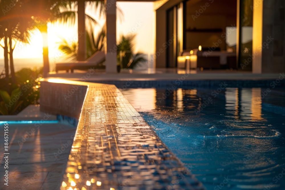 Fototapeta premium Luxury poolside area with sunset view and palm trees. Tropical vacation and relaxation concept