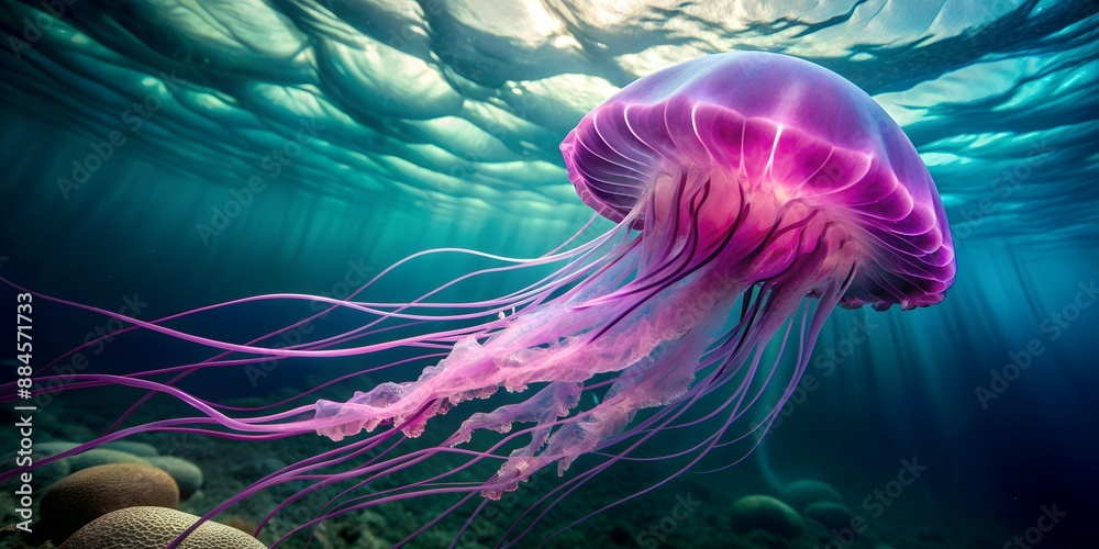 Iridescent purple gelatinous body swaying gently in the ocean current ...