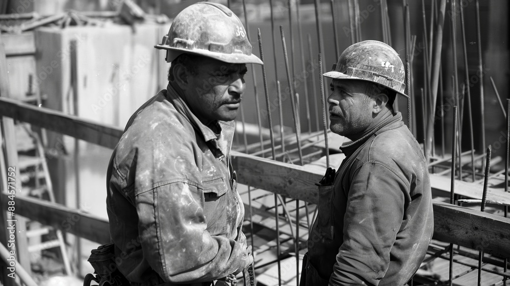 A black and white photo showing two construction workers in helmets engaged in conversation on a building site, showcasing the era's workwear and labor conditions.