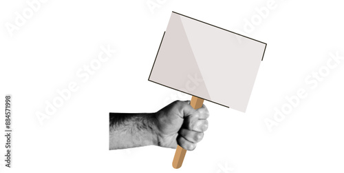 Trendy halftone collage hand element with protest billboard. Elements cut out hand holding poster. Retro punk design for poster social media banner, flyer