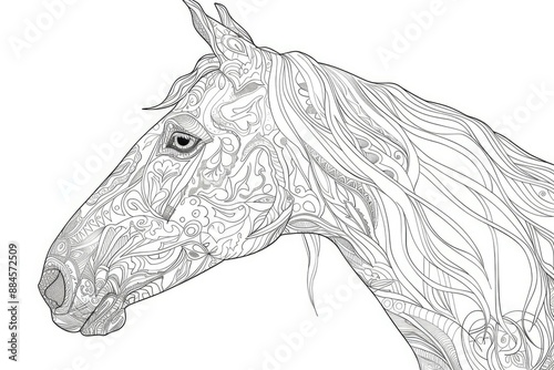 Detailed black and white line art drawing of a horse with floral patterns photo