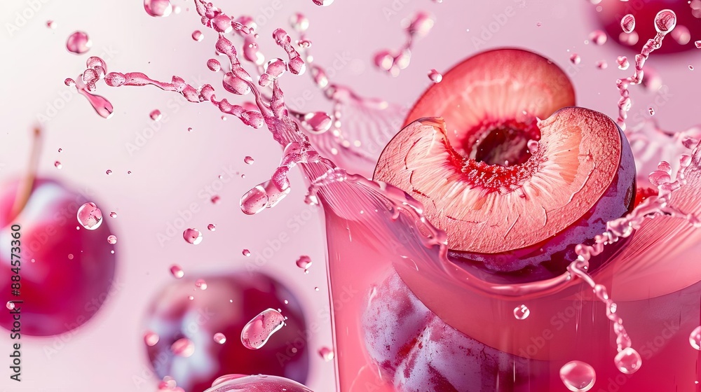 Refreshing cherry drink splash with fresh cherries and vibrant pink liquid in a glass. Perfect for summer beverages and healthy refreshments.